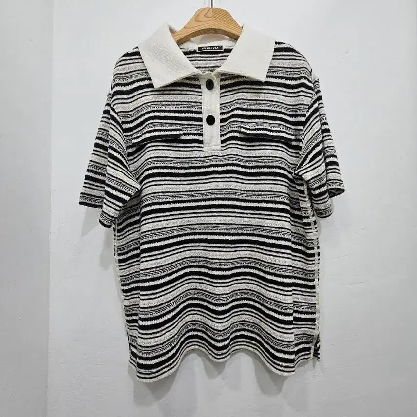 [BUNJANG] VV OLIVIA Striped Short-Sleeve Polo Knit Top Size 95 / 24' 무신사 비비올리비아  반팔 카라 여름 니트 95