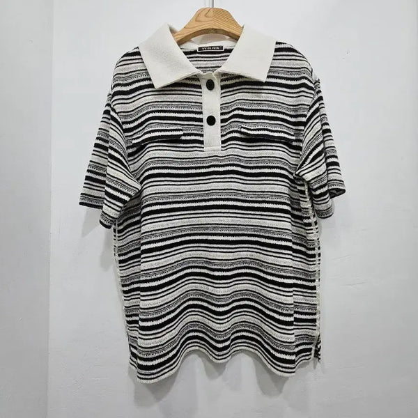 [BUNJANG] VV OLIVIA Striped Short-Sleeve Polo Knit Top Size 95 / 24' 무신사 비비올리비아  반팔 카라 여름 니트 95