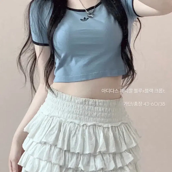 [BUNJANG] Adidas Jennie's Blue x Black Cropped T-Shirt / 오월빈티지 아디다스 제니깔 블루x블랙 크롭티셔츠