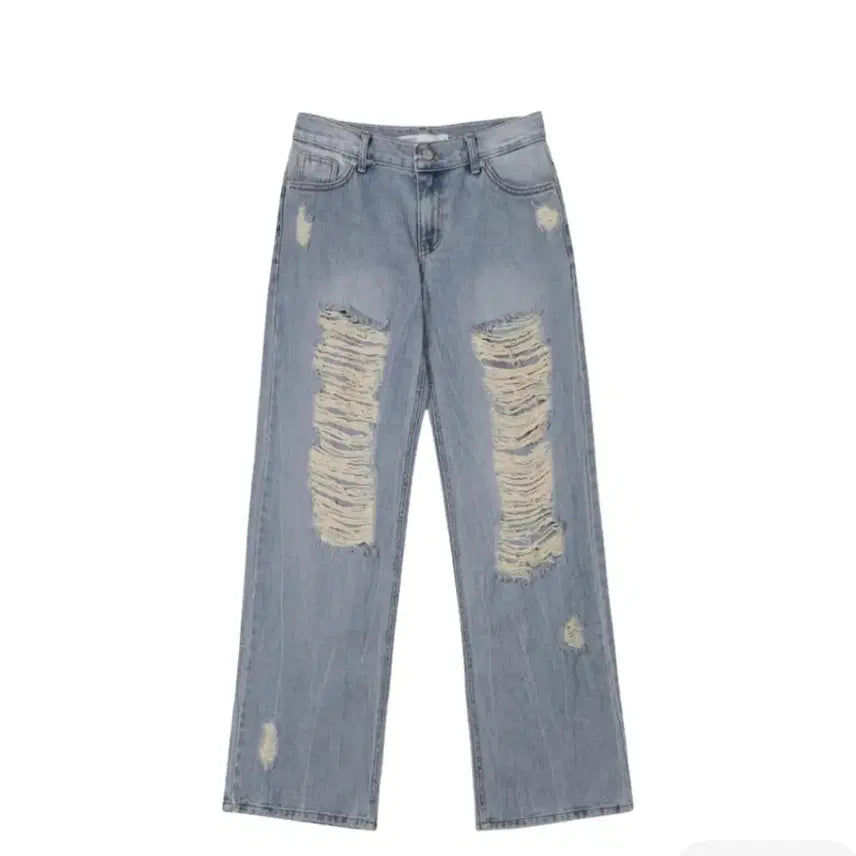 [BUNJANG] Bohemian Seoul Damage Wide Denim Pants Light Blue S / 보헤미안 서울 데미지 와이드 데님 팬츠 라이트 블루 S