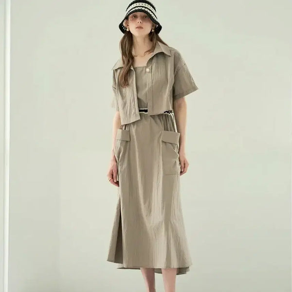 [BUNJANG] Rani & McCoy Sand Beige Crepe One-Piece Dress & Cropped Jacket Set / 미사용/  르니앤맥코이  바스락  원피스/ 크롭자켓 세트