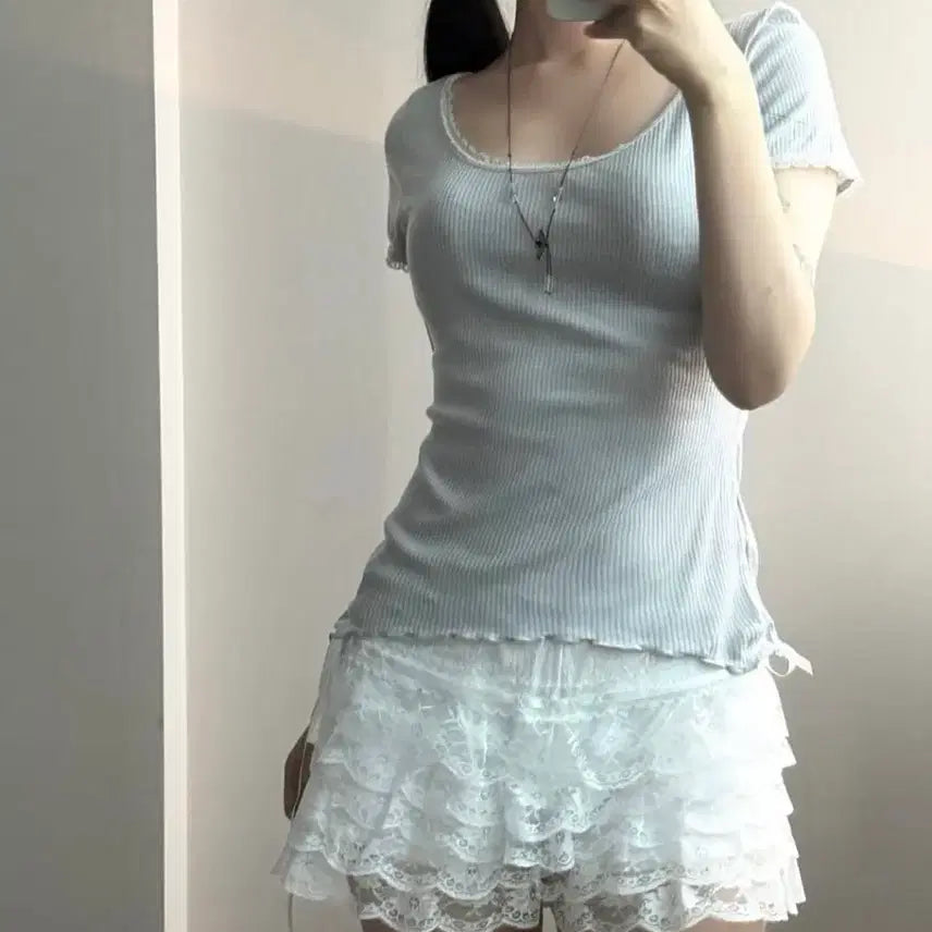[BUNJANG] Unsharp Vintage Pale Blue Lace T-Shirt / 언샤픈 빈티지 페일블루 레이스 티셔츠