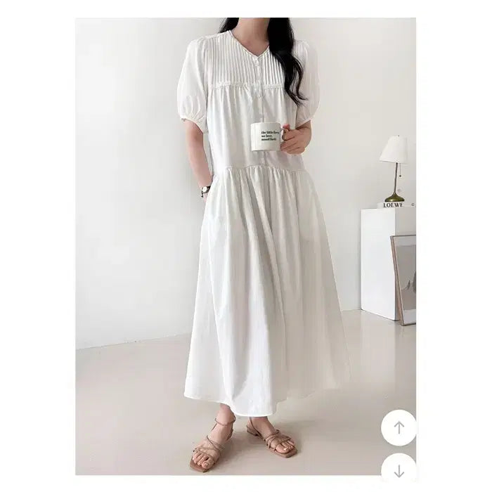 [BUNJANG] Mode Farbe Ivory Puff Sleeve Shirring Lace Long Dress / 핀턱 레이스 퍼프소매 루즈핏 롱 풍성 셔링 아이보리 원피스