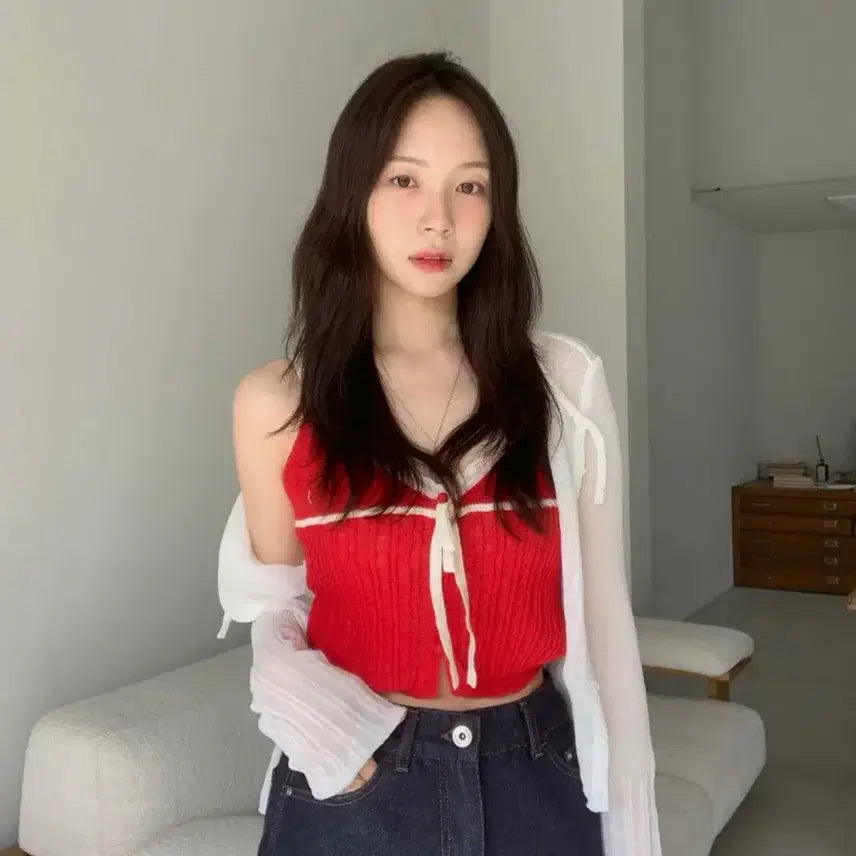 [BUNJANG] TUDMENT Ribbon Knit Bustier Top Red / 튜드먼트 리본 니트나시 뷔스티에 / 착용샷 o