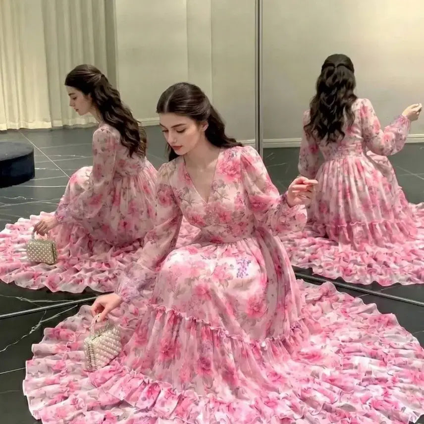[BUNJANG] Flower Pattern Chiffon Long Dress - Pink / 플라워 패턴 쉬폰 롱 원피스 핑크