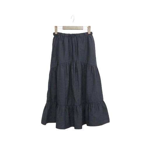 [BUNJANG] Mode Farbe Navy Cotton Blend Layered Midi Skirt / 샐러드 캉캉 밴딩 스트링 네이비 플레어 스커트
