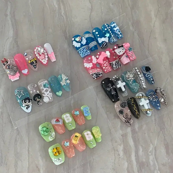 [BUNJANG] Handmade Nail Tips - Kitschy Gyaru Angelcore Dot Button Simple Custom Order / 수제 네일팁 강아지 체크 키치 갸루 엔젤코어 민트초코 도트 단추 주문제작