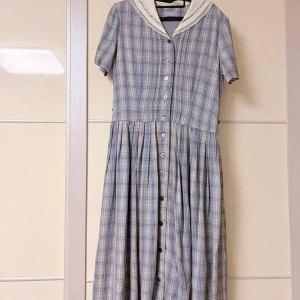 [BUNJANG] Checkered Lace Collar Long Dress / 체크무늬 레이스카라원피스