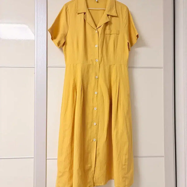 [BUNJANG] Linen Blend Midi Dress - Yellow / 고급린넨 원피스