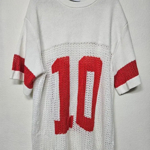 [BUNJANG] Ask Yourself Knit Mesh Jersey V2 White/Red Short Sleeve Shirt (Size L) / 에스크유어셀프 반팔셔츠  L사이즈
