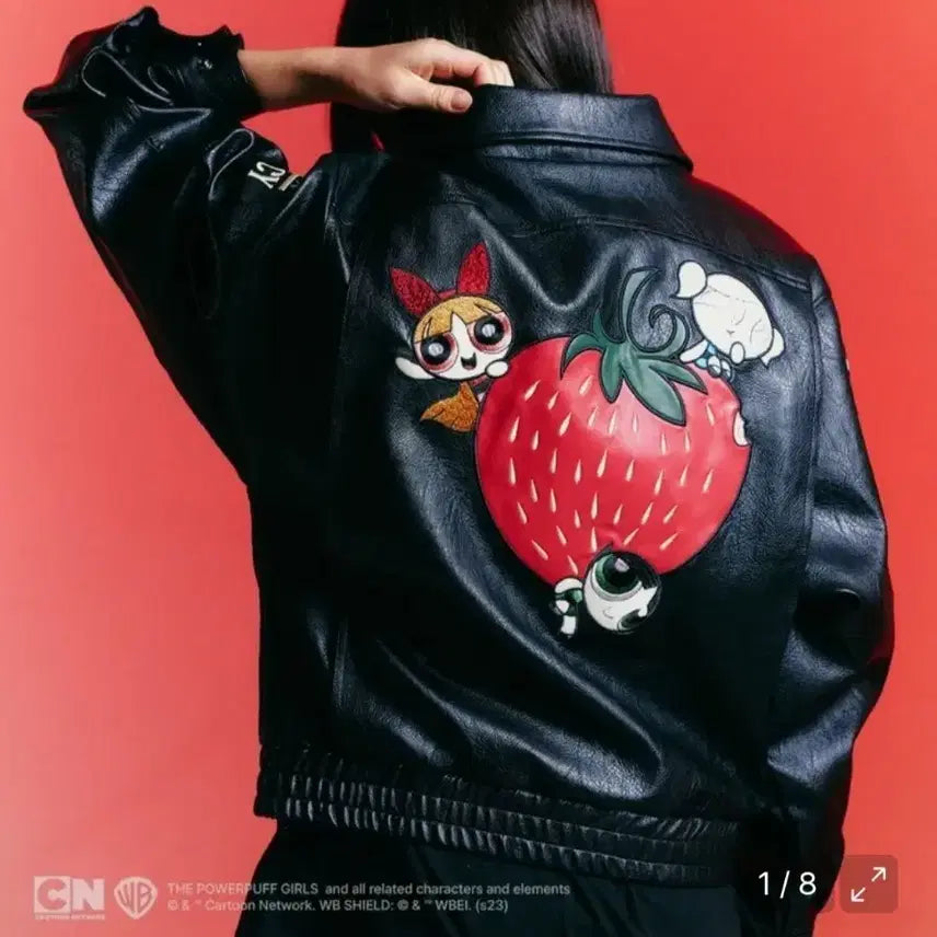 [BUNJANG] Fancy Club Powerpuff Girls Strawberry Embossed Leather Jacket Black / 팬시클럽 파워퍼프걸 스트로베리 엠보 레더 자켓 블랙