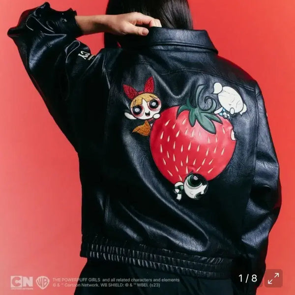 [BUNJANG] Fancy Club Powerpuff Girls Strawberry Embossed Leather Jacket Black / 팬시클럽 파워퍼프걸 스트로베리 엠보 레더 자켓 블랙