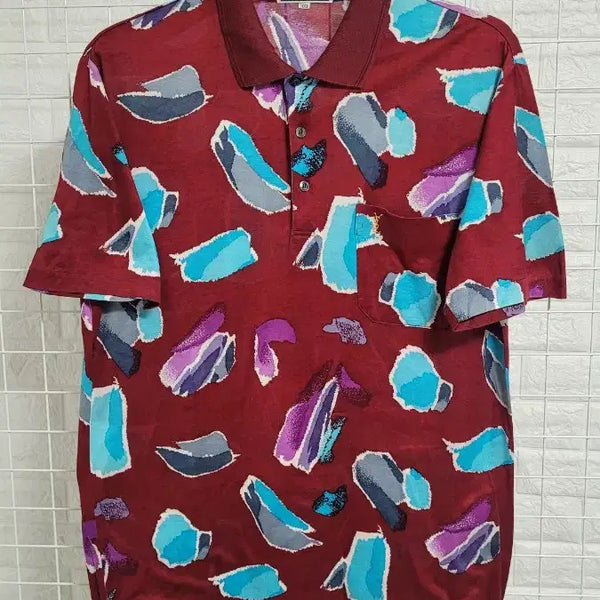 [BUNJANG] Yves Saint Laurent 1993 Archive Abstract Print Colorblock Polo Shirt / [100]ysl입생로랑 93년도명작 아카이브 버건디추상화 카라반팔티 L