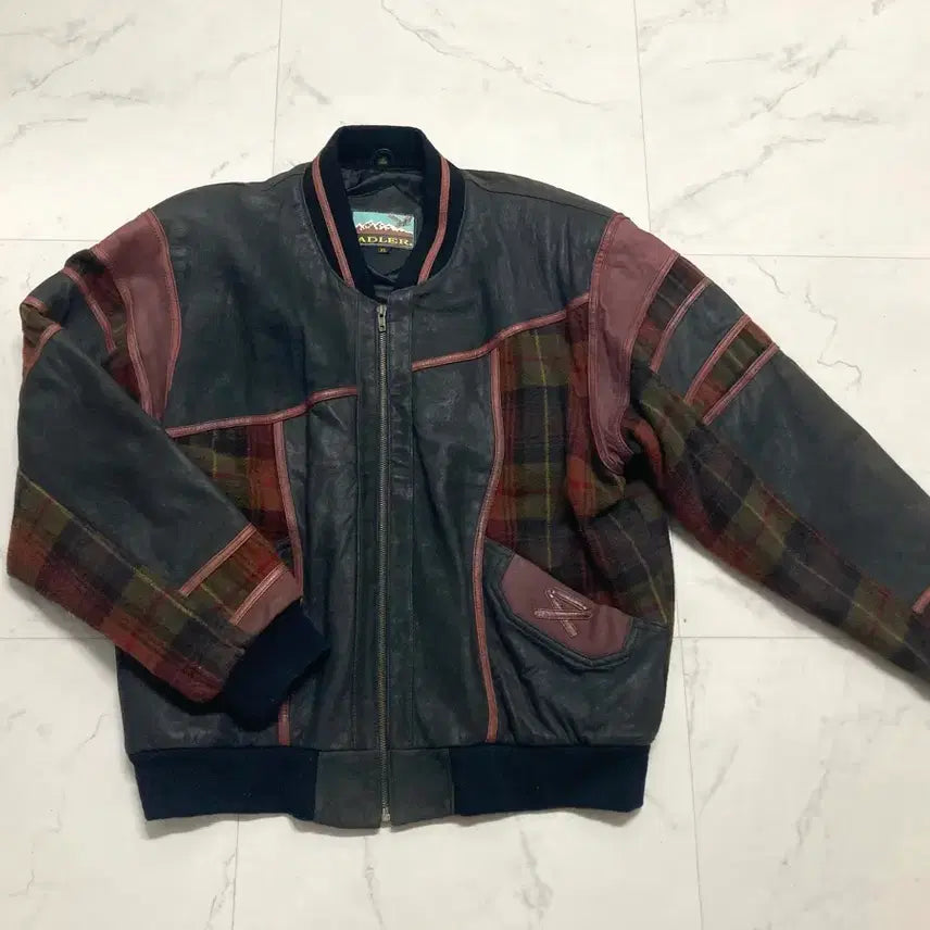 [BUNJANG] Adler 90s Checkered Panel Real Leather Bomber Jacket (XL/105-110) / 90s 아들러 체크 배색 리얼레더 봄버 자켓 105-110