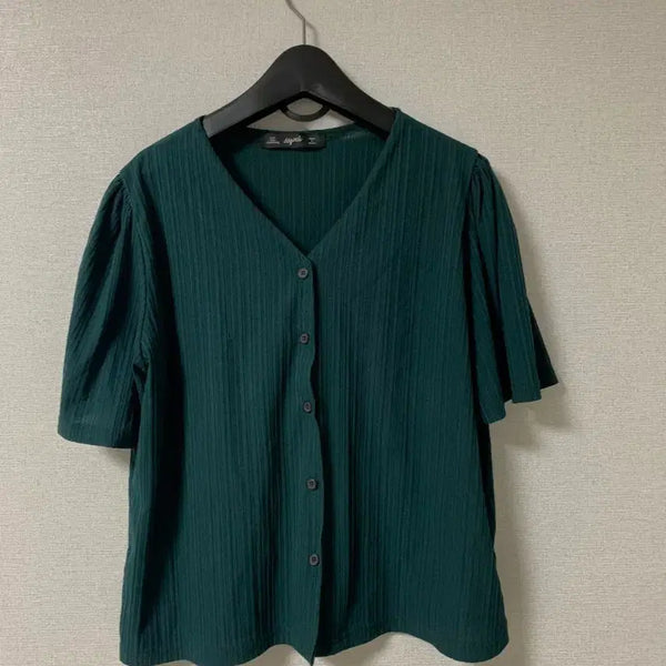 [BUNJANG] 66Girls Deep Green Puff Sleeve Ribbed Blouse / 육육걸즈 딥그린 퍼프 소매 골지 블라우스