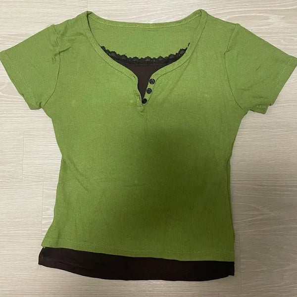 [BUNJANG] ChocoNamusup Green Brown Layered Lace Short Sleeve T-shirt / 초코나무숲 그린 브라운 웜톤 초록 갈색 레이어드 레이스 반팔티