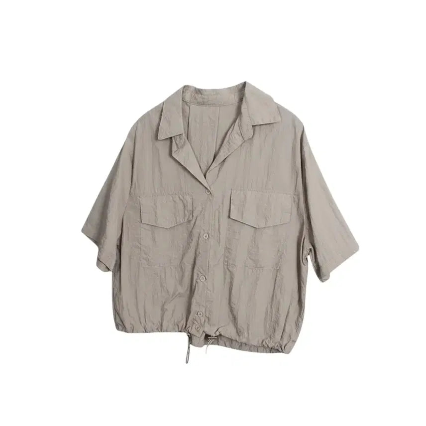 [BUNJANG] Women's Beige Nylon String Collar Shirt / 여성F/ 베이지 나일론 스트링 카라넥 셔츠 24-18