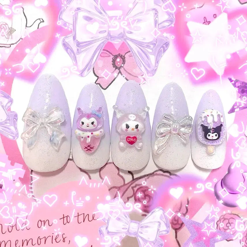 [BUNJANG] Handmade Kuromi Pastel Purple "Gyaru" Style Nail Tips / (빠른배송)연보라 쿠로미 수제네일팁 갸루 하이틴 양지뢰 양산형 지뢰계