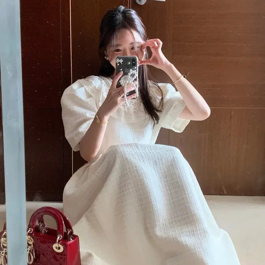 [BUNJANG] Bicini Lace Carra Tweed Long Dress Ivory Puff Sleeve / 바이씨니 레이스카라 트위드롱원피스 아이보리퍼프소매셀프웨딩브라이덜샤워돌잔치
