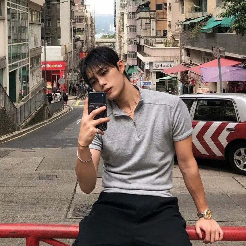 [BUNJANG] BOC Half-Zip Muscle Fit Short Sleeve T-Shirt Black / [새상품]보크 반집업 머슬 반팔티 블랙