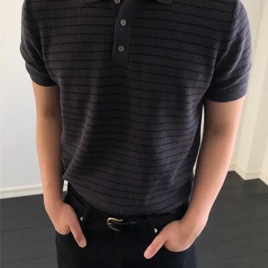[BUNJANG] Stripe Collar Short Sleeve Knit Charcoal / [새상품]스트라이프 카라 반팔 니트 차콜