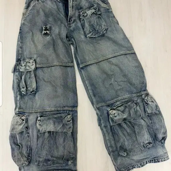 [BUNJANG] Vintage Washed Cargo Denim Pants / 빈티지 워싱 카고 데님팬츠