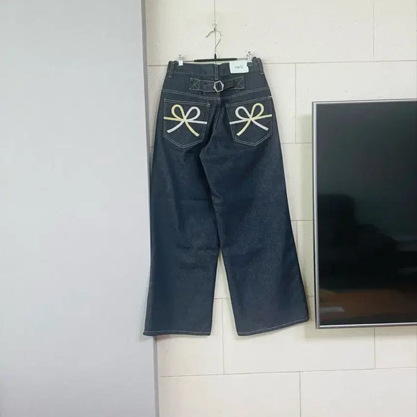 [BUNJANG] Backpoint Ribbon Raw Wide Denim Pants (S) / 빽포인트 리본 생지 와이드 데님 팬츠(S)새상품