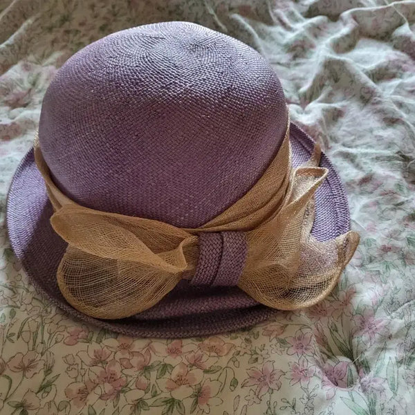 [BUNJANG] Purple Straw Bucket Hat with Beige Ribbon Accent / 보라색 밀짚모자 리본 장식