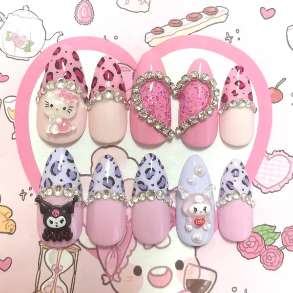 [BUNJANG] Handmade Nail Tips - Kuromi, Hello Kitty Leopard Print, Y2K / (빠른배송)연보라 핑크 쿠로미 헬로키티 호피 수제네일팁 갸루 히메 하이틴