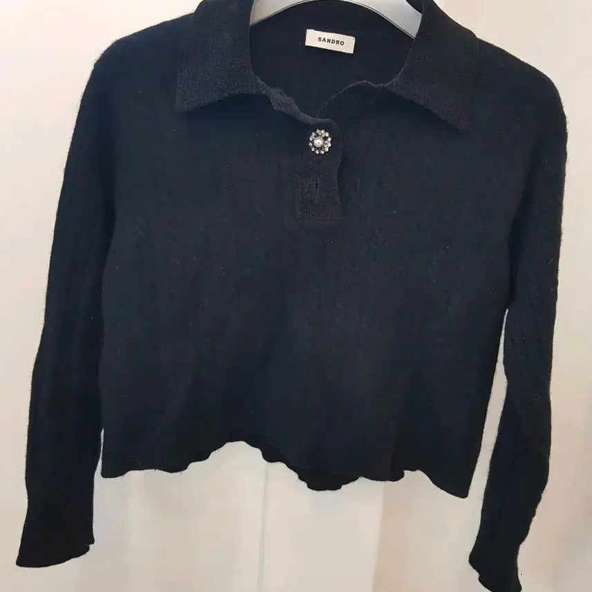 [BUNJANG] Sandro Knit Cropped Collar T-Shirt Black / 산드로 니트 크롭카라티 4