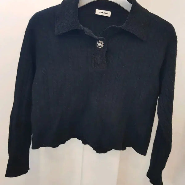 [BUNJANG] Sandro Knit Cropped Collar T-Shirt Black / 산드로 니트 크롭카라티 4