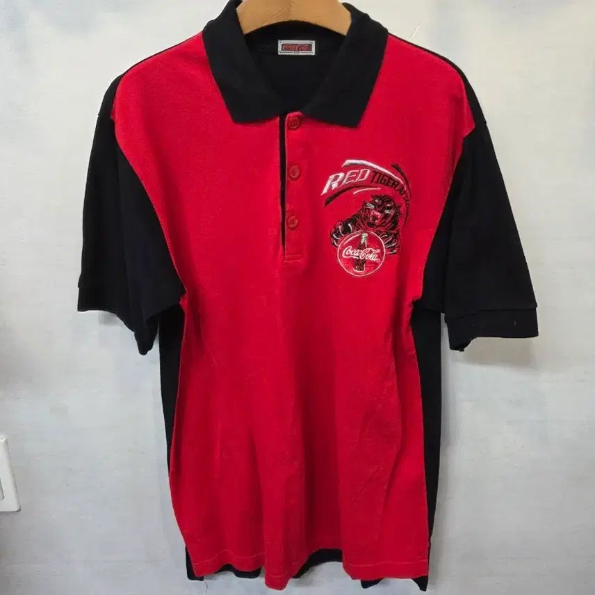 [BUNJANG] Coca-Cola 90s Vintage Two-Tone Embroidered & Printed Logo Collar T-Shirt (L) / 코카콜라 90s 올드스쿨 빈티지 자수 프린팅 빅로고 투톤 카라반팔 L