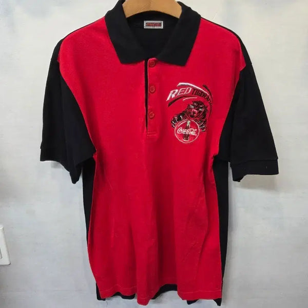 [BUNJANG] Coca-Cola 90s Vintage Two-Tone Embroidered & Printed Logo Collar T-Shirt (L) / 코카콜라 90s 올드스쿨 빈티지 자수 프린팅 빅로고 투톤 카라반팔 L
