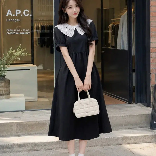 [BUNJANG] Black Lace Collar Dress / 단정 러블리 레이스 카라 블랙원피스