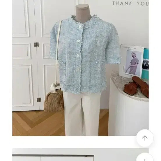[BUNJANG] Round Neck Tweed Short Sleeve Jacket Light Blue / 라운드넥 트위드 반팔 자켓 라이트블루