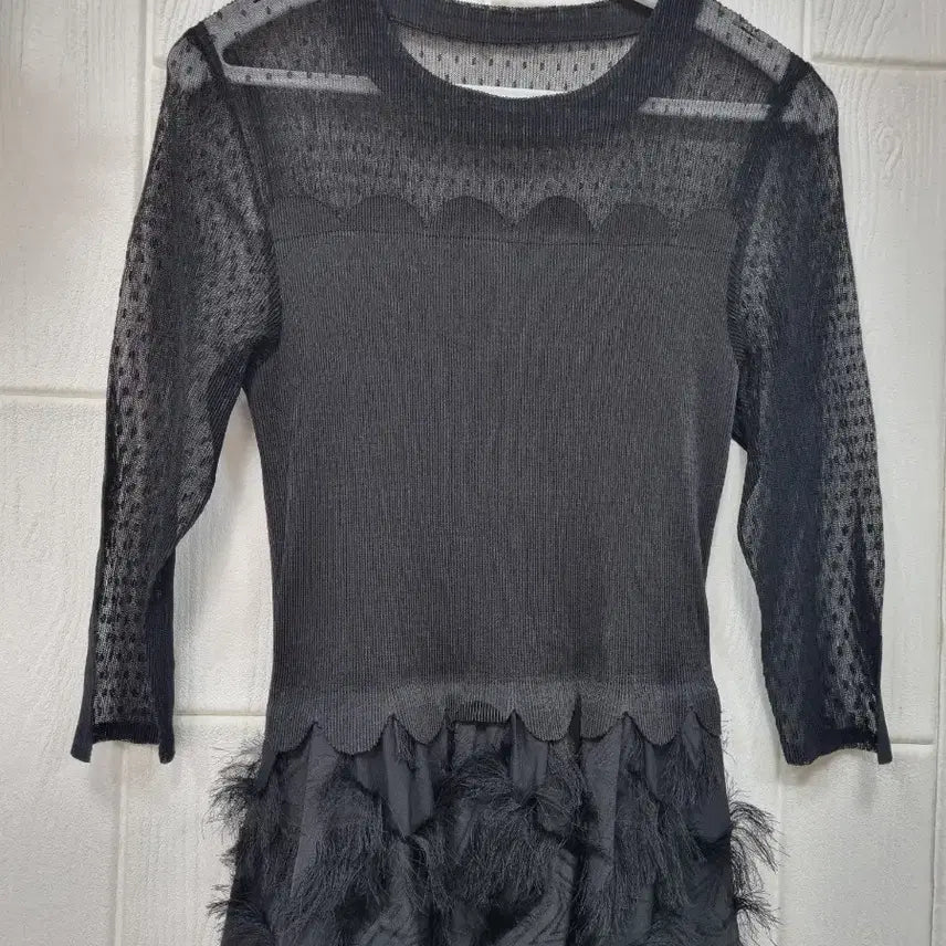 [BUNJANG] Black See-through Feather Lace Ruffle Pleated Long Dress / 섹시한 블랙 시스루와 깃털 레이스 배합 프릴 플리츠 롱 원피스 F