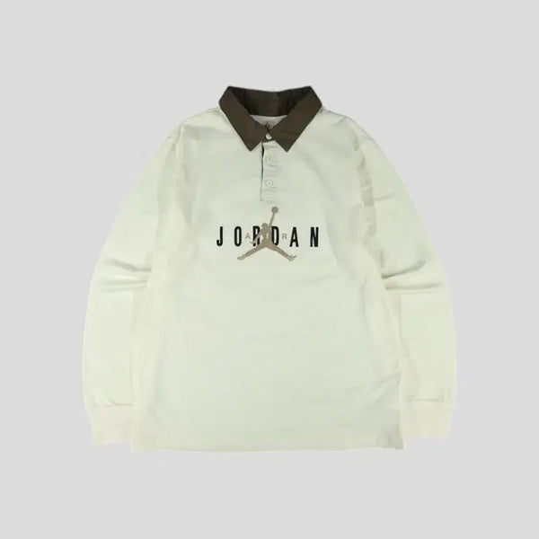 [BUNJANG] Nike Air Jordan Jumpman Logo Spellout Half-Button Jacket / 나이키 에어조던 베이지 브라운 배색 점프맨 로고 스펠아웃 하프버튼 카라넥