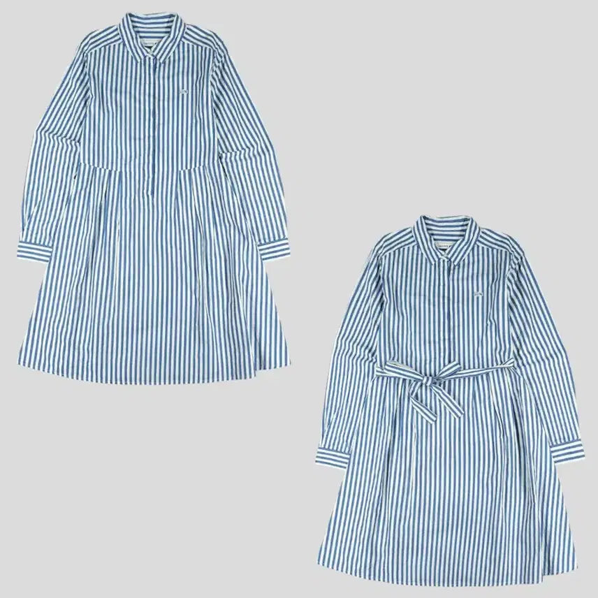 [BUNJANG] Lacoste Blue White Stripe Croc Patch Belted Rayon Dress / 라코스테 블루 화이트 스트라이프 크록패치 마린룩 히든버튼 벨티드 레이온블