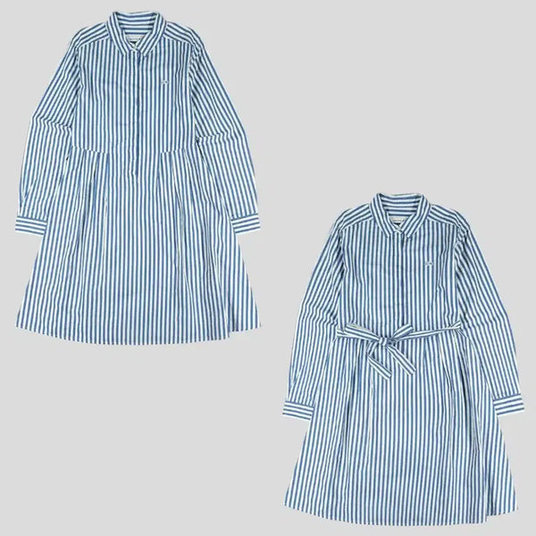 [BUNJANG] Lacoste Blue White Stripe Croc Patch Belted Rayon Dress / 라코스테 블루 화이트 스트라이프 크록패치 마린룩 히든버튼 벨티드 레이온블