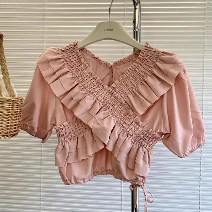 [BUNJANG] Pink Cropped Frill Blouse / (새상품) 크롭 프릴 여성 핑크 블라우스