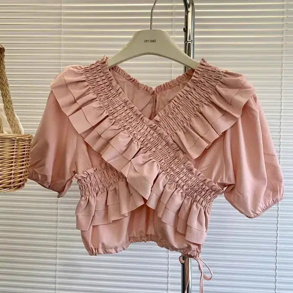 [BUNJANG] Pink Cropped Frill Blouse / (새상품) 크롭 프릴 여성 핑크 블라우스