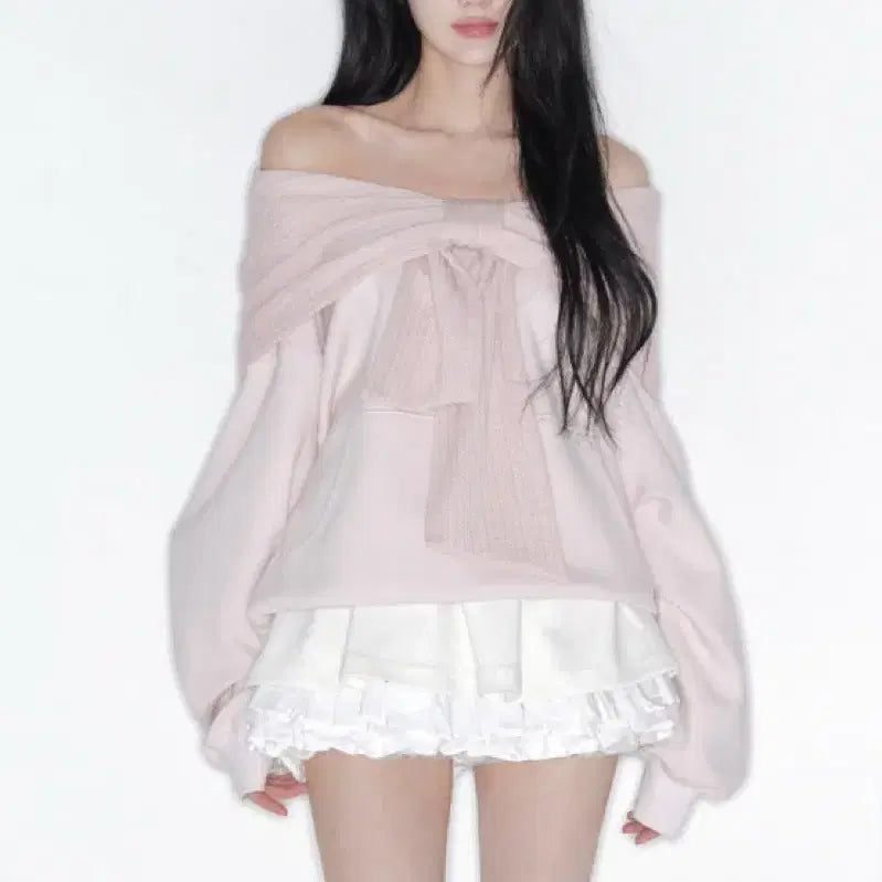 [BUNJANG] Dintys Ribbon Off-Shoulder Hoodie Pink / 더티스 리본 오프숄더 후드 핑크