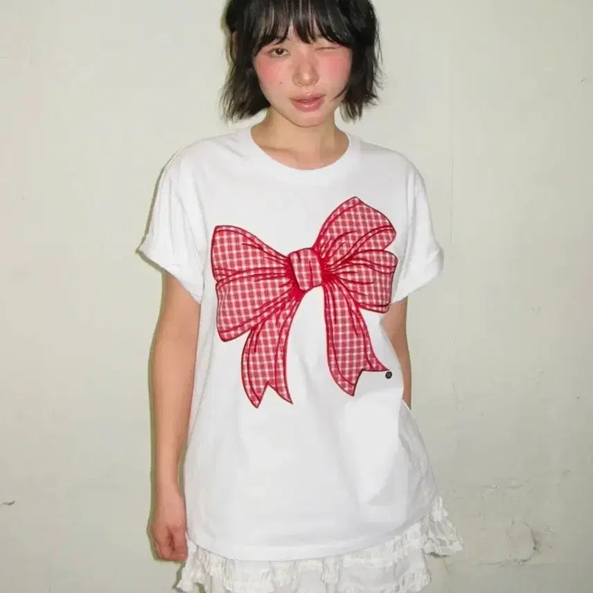 [BUNJANG] Ronron Big Ribbon A-Line T-Shirt White / 새상품)) 론론 빅리본 아플리케 티셔츠 화이트