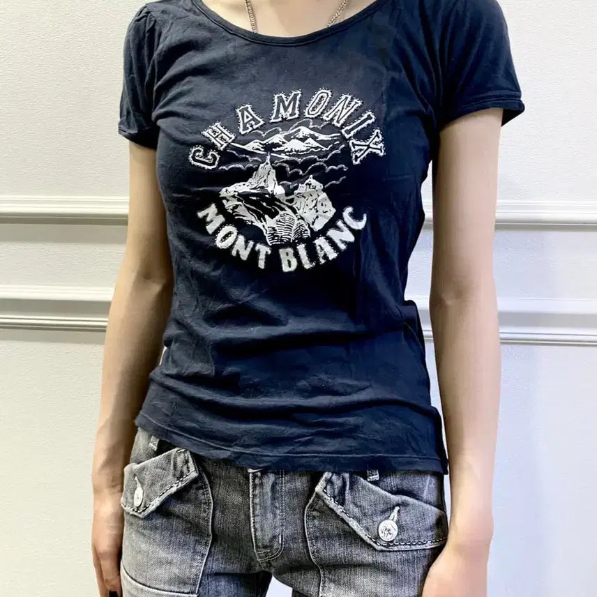 [BUNJANG] Vintage Japanese Y2K Mon Blanc Print Slim Fit T-Shirt / 일본 빈티지 y2k 몽블랑 프린트 슬림 티