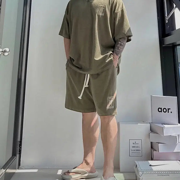 [BUNJANG] VT Terry Oversized Open Collar Top & Bottom Setup - Khaki / VT 바캉스 테리(타올) 오버핏 카키 셋업