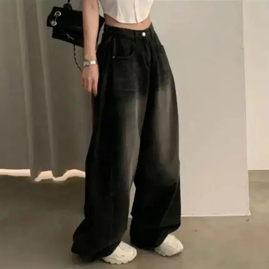 [BUNJANG] Sugar Powder Vintage Side Pintuck Washing Wide Pants (Black Denim) / 슈가파우더 빈티지 사이드 핀턱 워싱 와이드 팬츠 흑청