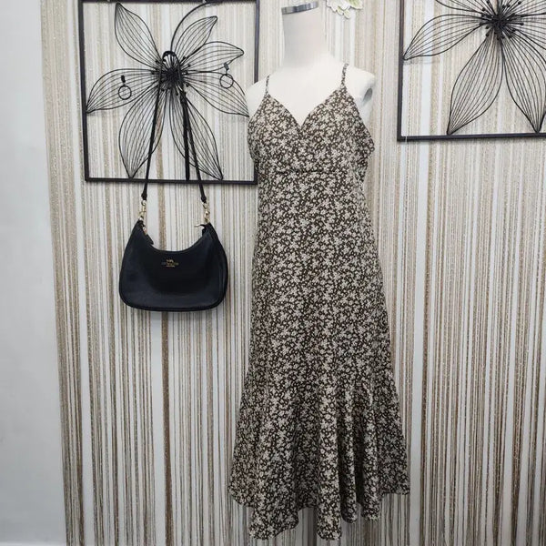 [BUNJANG] Brown Flower Print V-neck Long Dress / 브라운 플라워 뷔에스트 롱 원피스 free
