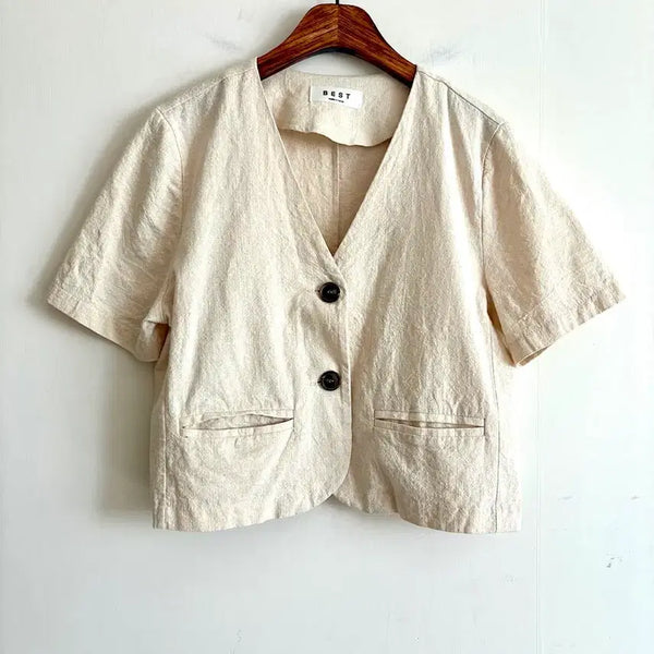 [BUNJANG] Simple Collarless Cropped Jacket - Beige / 베스트 반팔 크롭 자켓 베이지