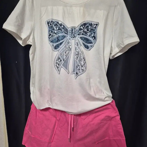 [BUNJANG] Ribbon Printing Short Sleeve T-Shirt and Pink Shorts Set / 새상품 리본 프린팅 반팔 티셔츠 핑크 반바지 세트