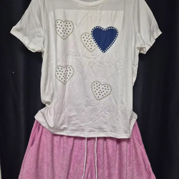 [BUNJANG] Heart Short Sleeve T-Shirt & Pink Pajama Pants Set / 새상품 하트 반팔 티셔츠 핑크  바지 세트